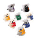 A set of plush koala toys in various colours, each wearing a different colourful shirt and featuring a logo.
