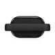 A black Bluetooth speaker with a sleek oval shape and a textured surface, featuring a logo on the side.