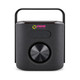 A black Bluetooth speaker with a handle and a large central control knob, featuring a logo on the front.