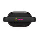A black Bluetooth speaker with a curved design and a prominent logo.