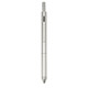 A silver recycled stainless steel pen featuring a sleek design and a logo. It includes a stylus tip and various functions.