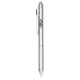 A stainless steel pen in silver featuring a textured grip and a logo on the side.