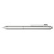 A silver stainless steel pen featuring a sleek design, with a clip and a textured grip, along with a logo.