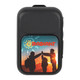 A black Bluetooth speaker featuring a colourful graphic with silhouettes of three people against a sunset background.