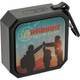 A compact black outdoor waterproof Bluetooth speaker with a colourful design and a carabiner for easy attachment.
