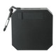 A black octagonal waterproof Bluetooth speaker with a carabiner clip attached.