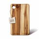 Acacia serving board with a natural wood finish, featuring a hole for hanging and a tag with branding.