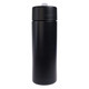 A drink bottle in matte black finish with a sleek design and a removable lid, featuring a branding logo.