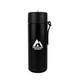 A drink bottle in matte black with a strap and a logo on the front. Ideal for water or beverages.