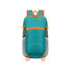 A packable hiking backpack in teal with orange accents and mesh side pockets, featuring zippers and attachment points.