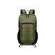 A packable hiking backpack in olive green with zippered compartments and mesh side pockets. It features adjustable straps and a logo.