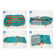 A packable hiking backpack in teal with orange accents, displayed in four stages of folding and packing.