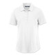 A white women's polo shirt with a collar and button placket, featuring a logo on the design.