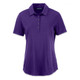 A purple women's polo shirt with a collar and button placket, featuring a logo on the chest.