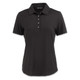 A black women's polo shirt with a collar and short sleeves, featuring a button placket and a logo.