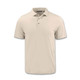 A beige men's polo shirt featuring a collared neckline and three buttons. The shirt has a logo on it.