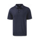 A navy blue men's polo shirt with a collar and three buttons, featuring a logo on the chest.