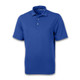 A blue polo shirt with a collar and three buttons, featuring a logo on the chest.