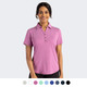 A women's polo in a vibrant pink hue, featuring a collar and button placket, with a logo present.