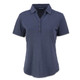 A navy women's polo shirt with a collared neck and five-button placket, featuring a branding logo.