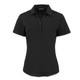 A women's short-sleeve polo shirt in black, featuring a buttoned placket and a collar. It includes a logo on the design.