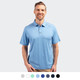 A light blue men's polo shirt with a collar and a logo, displayed on a smiling model.
