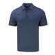A navy blue polo shirt with a three-button placket and short sleeves. It features a logo on the chest.