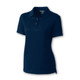 A women's polo shirt in navy blue, featuring a collar, short sleeves, and a branding logo.