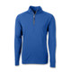 A blue men's half-zip pullover with long sleeves. The top features a zipper at the neck and has a logo.