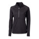 A black half-zip pullover with long sleeves, featuring a zippered collar and a logo on the side.