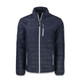 A navy quilted jacket featuring a zip front and grey accents, with pockets and a logo on one sleeve.