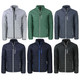 A collection of Cutter & Buck Rainier men's jackets in grey, green, navy, black, and blue. Each jacket has a distinctive pocket design.