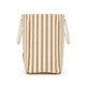 A tote bag featuring vertical cream and light brown stripes with two handles on the sides.