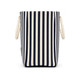 A striped tote bag in navy and white with two carry handles and a simple branding tag.