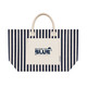 A striped navy and cream tote bag featuring a front pocket and handles, with a logo on the pocket.