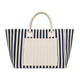 A navy and cream striped tote bag with two sturdy handles and a front pocket. It features a branding logo.
