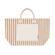 A large tote bag featuring horizontal stripes in beige and cream, with a solid pocket and handles.