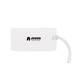A white luggage tag with a transparent attachment and a logo. Simple, sleek design suitable for travel.