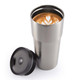 A stainless steel travel mug with a black lid, filled with a coffee beverage featuring latte art.
