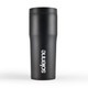 A travel mug in matte black with a logo featured prominently on the side.