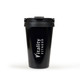 A drink bottle with a black finish, featuring a secure lid and a logo. Ideal for travel and fitness use.