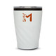 A reusable coffee cup in white with a textured design and a logo on the front.