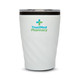 A reusable coffee cup in white with a textured design and a transparent lid, featuring a logo.
