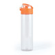 A drink bottle with a transparent body and an orange flip-top lid. A drink bottle with a transparent body and an orange flip-top lid.