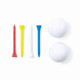 A set of three white golf balls and four golf tees in red, yellow, white, and blue.