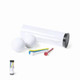 A transparent cylinder container holds two golf balls and a set of colourful golf tees in red, blue, yellow, and white.