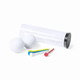 A clear plastic tube contains two golf balls and three plastic tees in red, blue, and yellow. The tube has a black lid.