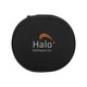 A round black case with a logo featuring "Halo Software Co." in orange and grey, designed for headphones.