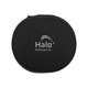 A black round case with a logo, designed for holding headphones.
