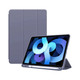 A grey tablet case with a foldable cover, designed for an iPad, displaying a vibrant tablet screen.